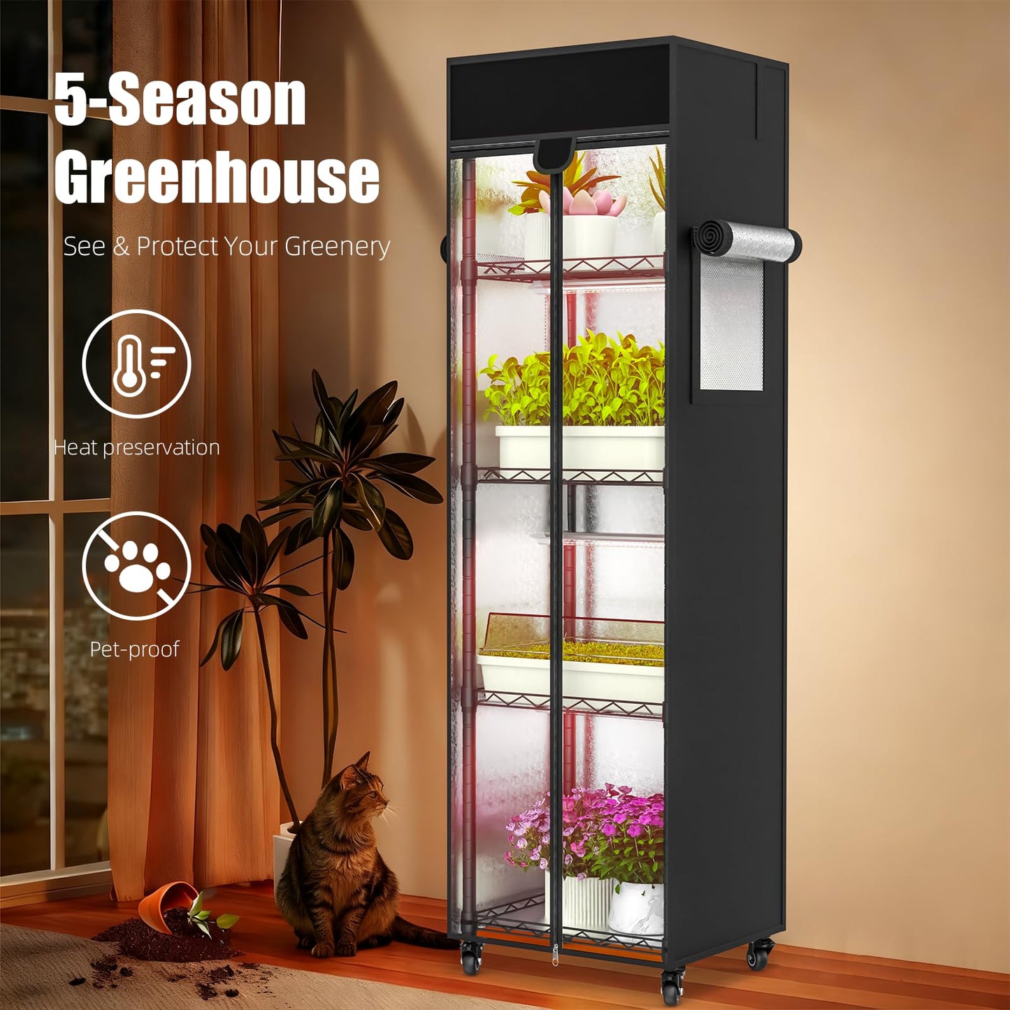 Aouipris Indoor Greenhouse with Grow Light, 5 Tier 15.7" L×11.8" W×62.3" H growtent with Lights, with 48W Full Spectrum Growing Lamps，Metal Indoor Plant Enclosure for Seed Starting