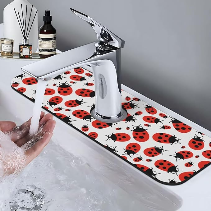 Kitchen Sink Splash Guard Faucet Mat Ladybug Cartoon 15"x5.5", Diatom Mat