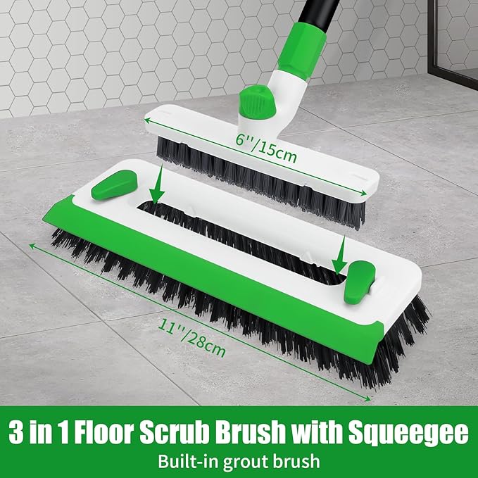 Floor Scrub Brush with Long Handle, 3-in-1 Scrape Scrubber Brush with Squeegee