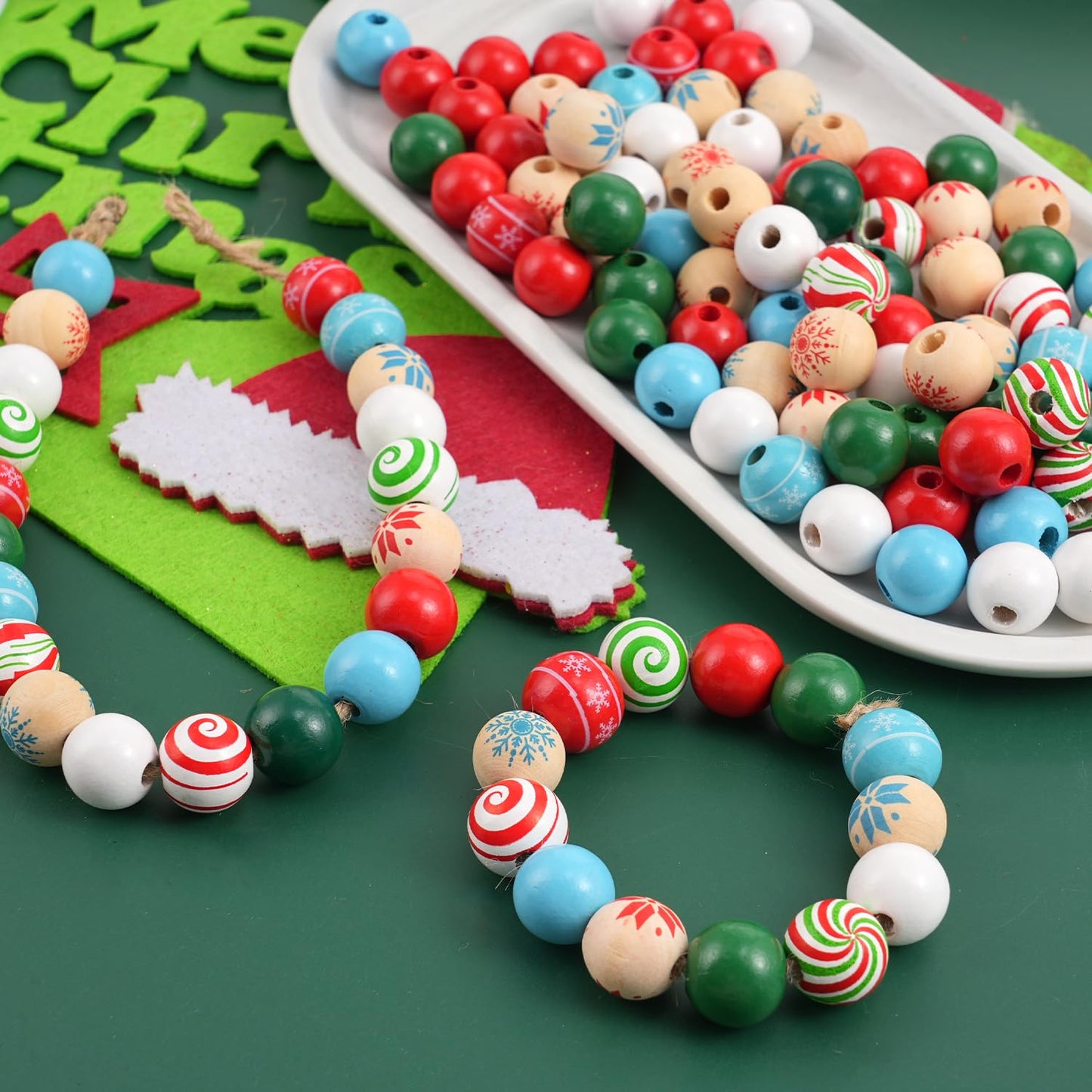 200 Pcs Christmas Wooden Beads for Crafts Natual Painted Wood Spacer Loose Beads with Twine for Xmas Party Holiday DIY Garland Hanging Decor