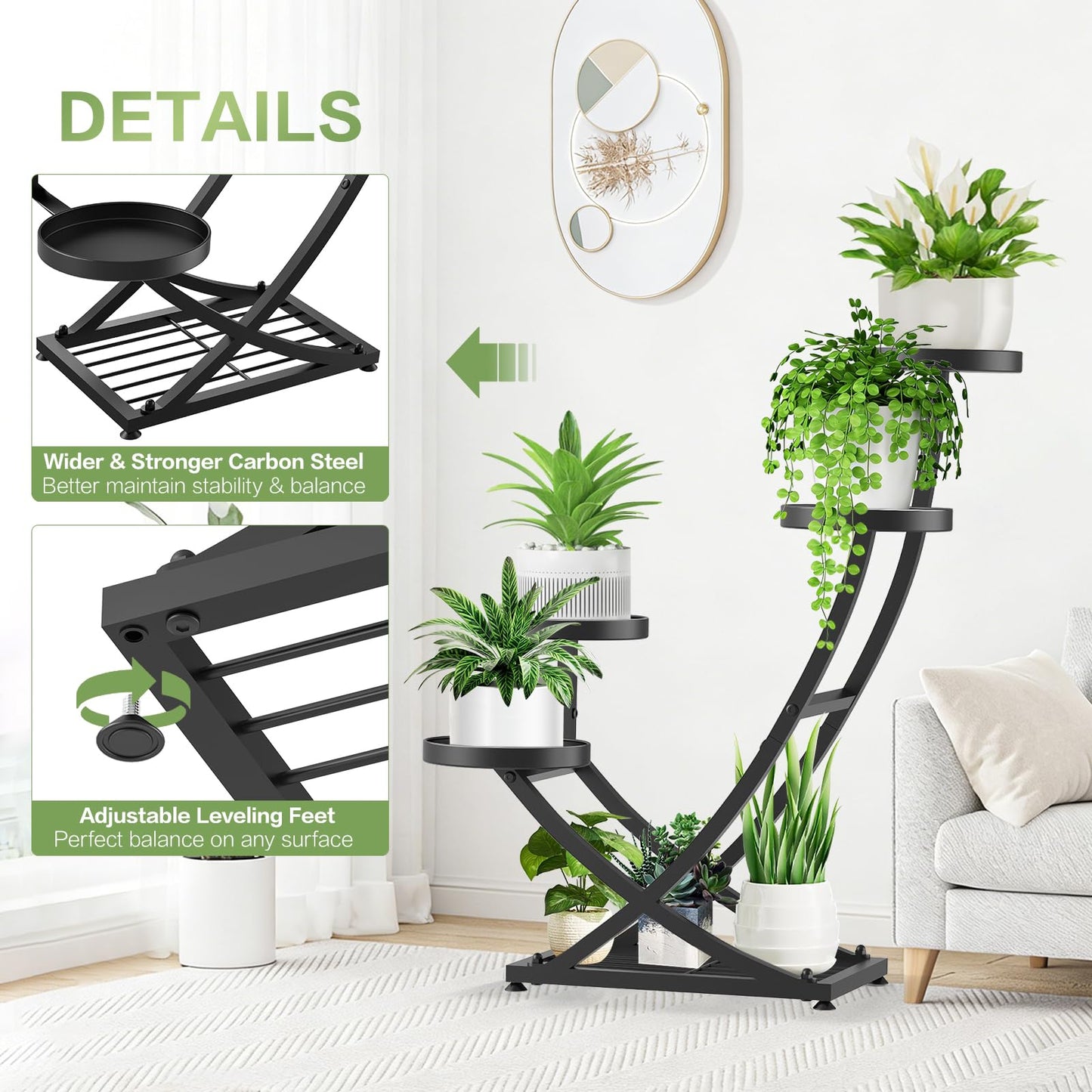 YOCOMEY Outdoor Plant Stand Metal Plant Stand Indoor, 5 Tier Heavy Duty Corner Plant Stands, Plant Shelf for Tall Plant Holder Shelves for Living Room Bedroom Modern Home Decor