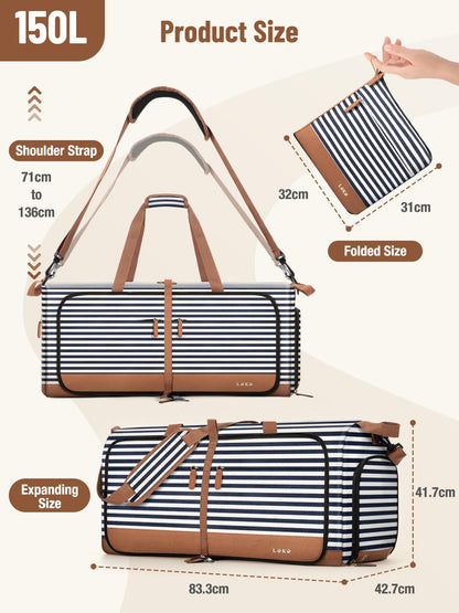 Lekesky Large Foldable Travel Duffe Bag - 150L Waterproof Holdall Luggage Bag with Shoes Compartment, Weekend Overnight Sports Bag for Women and Men(Striped, 84 * 42 * 43cm)