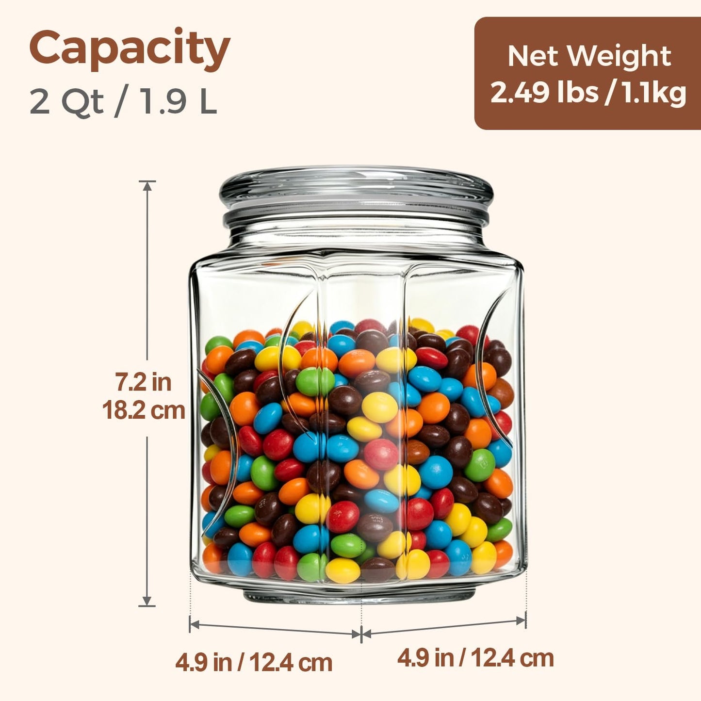 ComSaf 2 qt Glass Flour and Sugar Storage Containers Set of 2, Wide Mouth Half Gallon Square Airtight Pantry Jars with Lids, Thick Glass Kitchen Canisters for Cookies, Coffee, Snacks