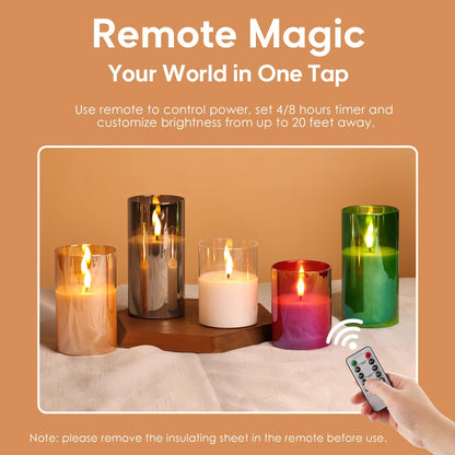 Eywamage Red Glass Flameless Pillar Candles with Remote, Flickering Christmas Battery LED Candles Holiday Decor Set of 3