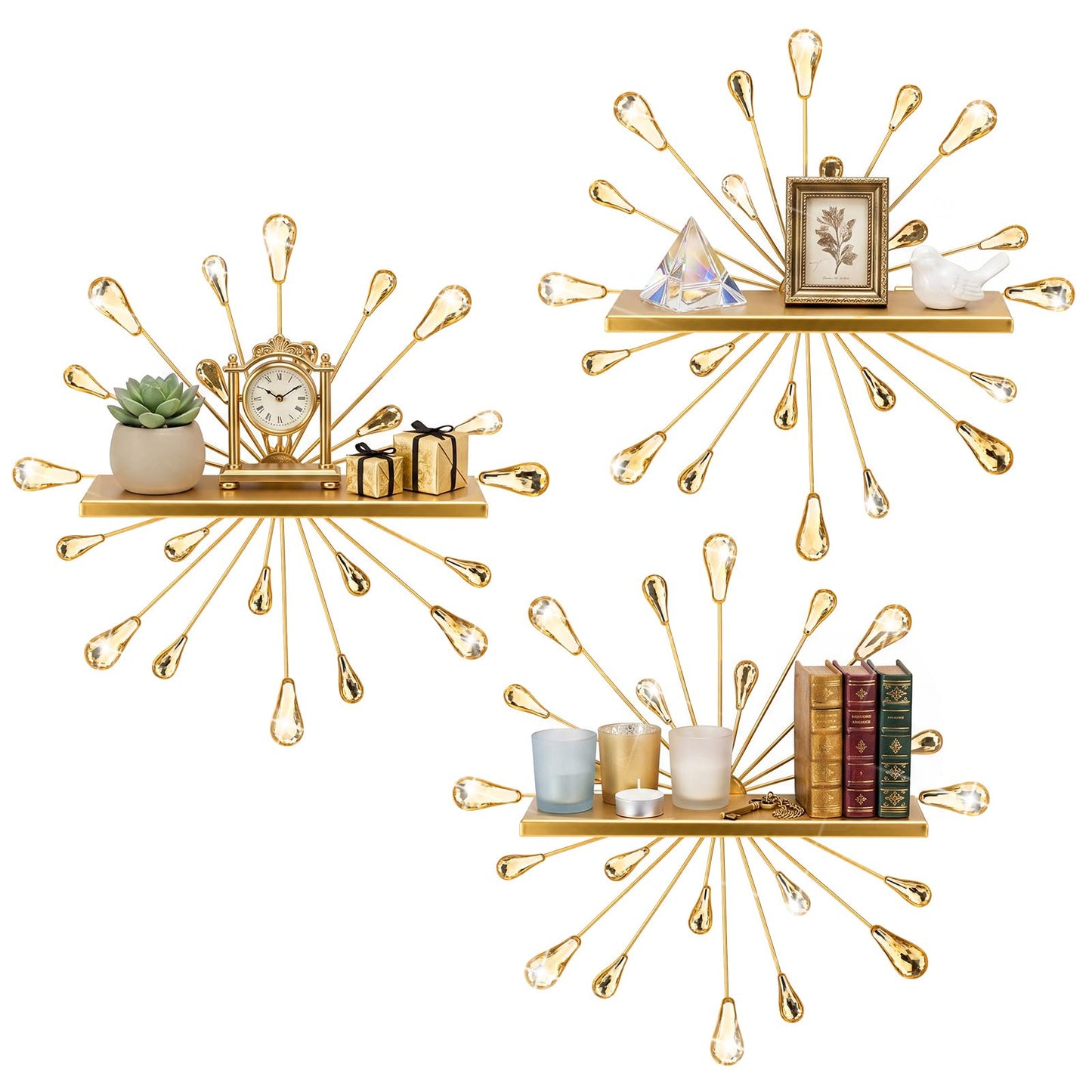 Yaocom 3 Pcs Bling Crystal Floating Shelves Metal Starbursts Wall Decor Folding Shelf Gold Corner Shelves Hanging Wall Mounted for Storage Bedroom Bathroom Living Room Kitchen Office Home Decoration