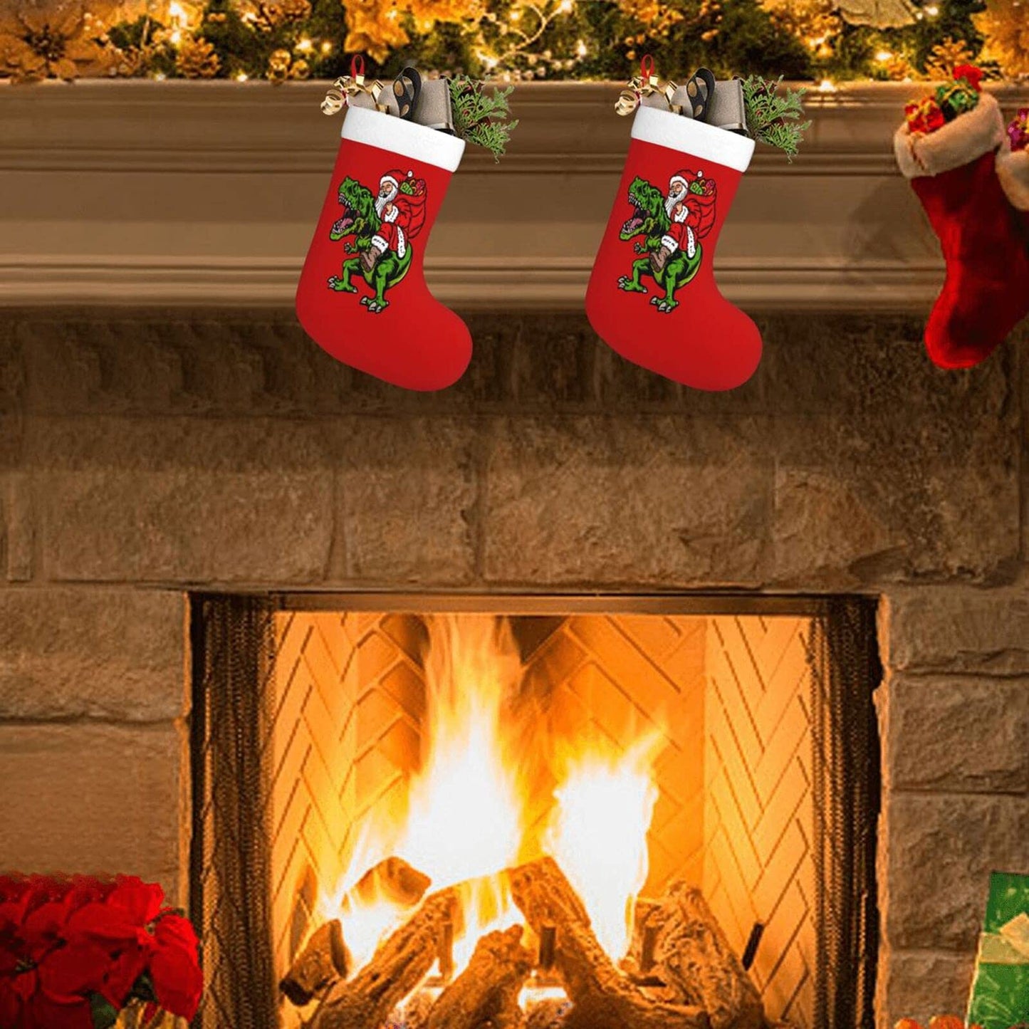 Yilad Christmas Stockings Dinosaur Santa Claus Xmas Stockings with Plush Faux Fur Cuff Decoration for Holiday Family Party 16.5 Inches
