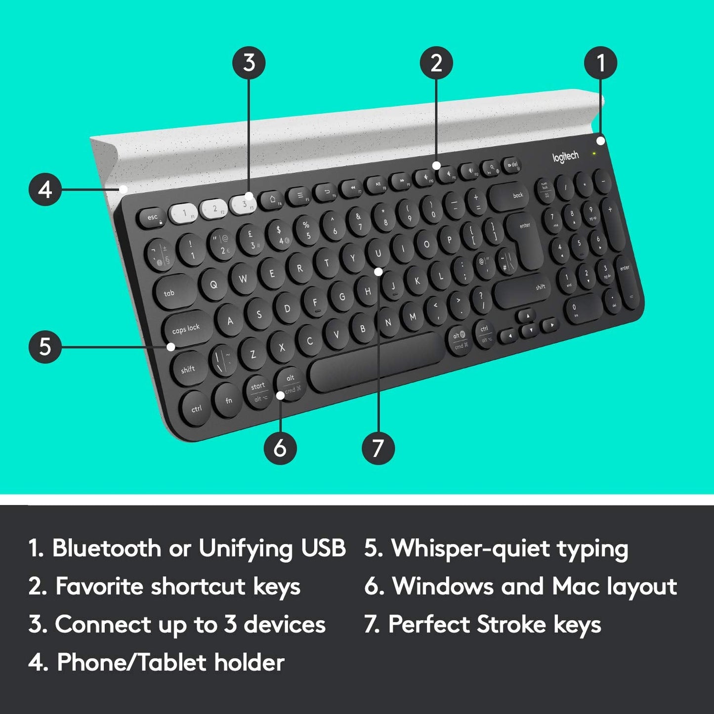 Logitech K780 Multi-Device Wireless Keyboard for Windows, Apple android or Chrome, Wireless 2.4GHz and Bluetooth, Quiet, PC/Mac/Laptop/Smartphone/Tablet, QWERTY UK Layout - Dark Grey/White