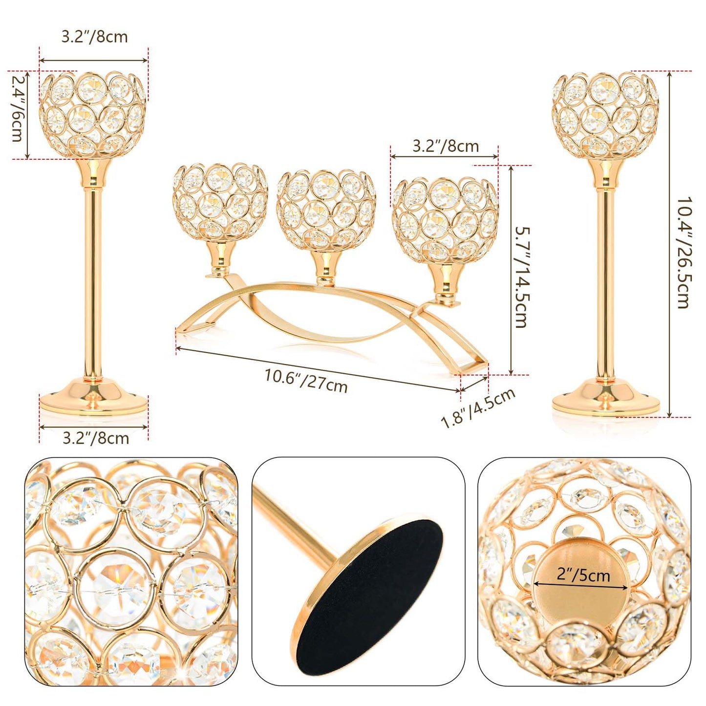 Crystal Tealight Candle Holder Centerpiece Home Decorative Candlestick Holder Elegant Table Centerpiece Home Decor Wedding Party Anniversary (Gold, Set of 3)