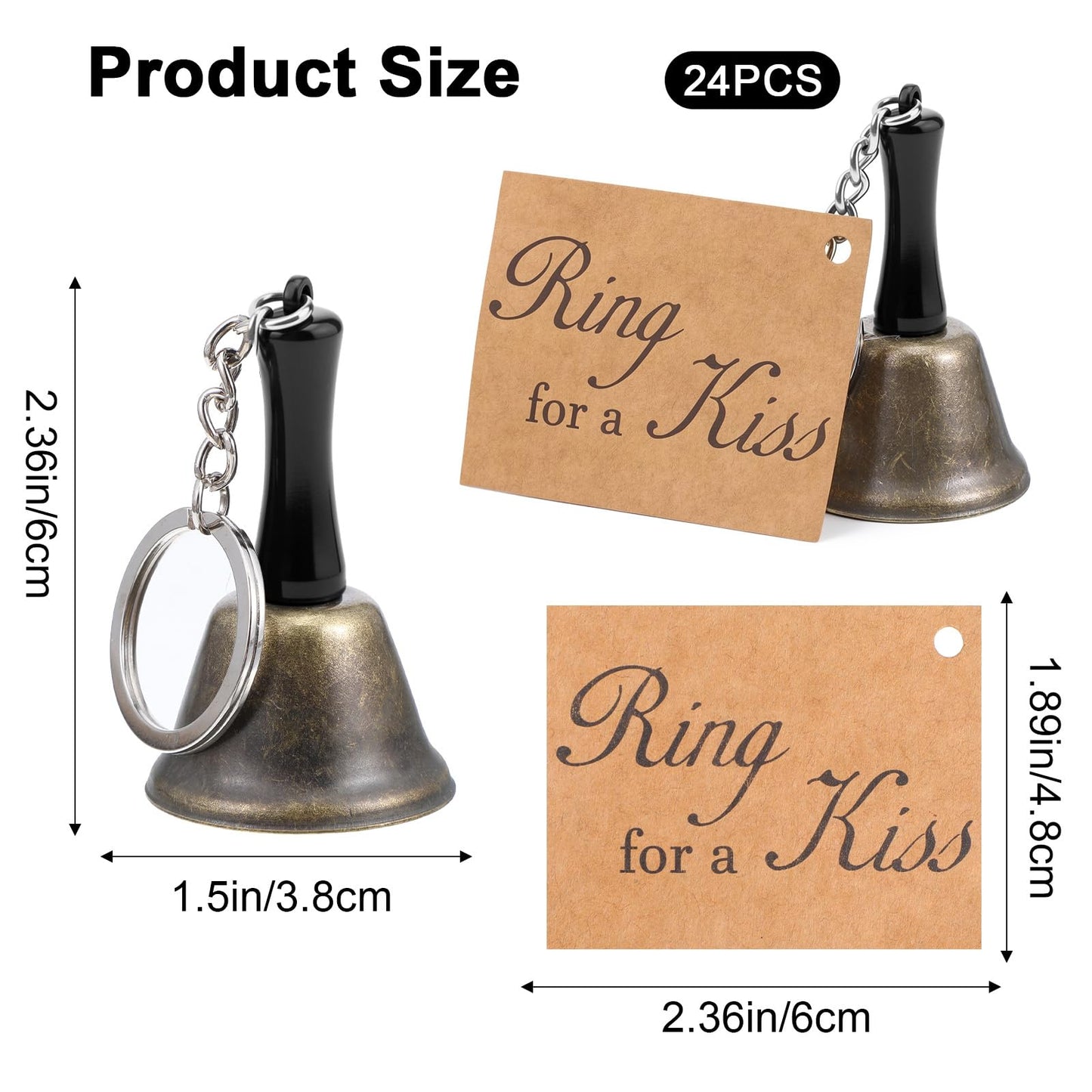 24 Set Bronze Wedding Bells with 'Ring for a Kiss' Cards Bulk Kissing Bells for Reception Decorations, Guest Favors, Table Centerpieces & Goodie Bag Party Supplies