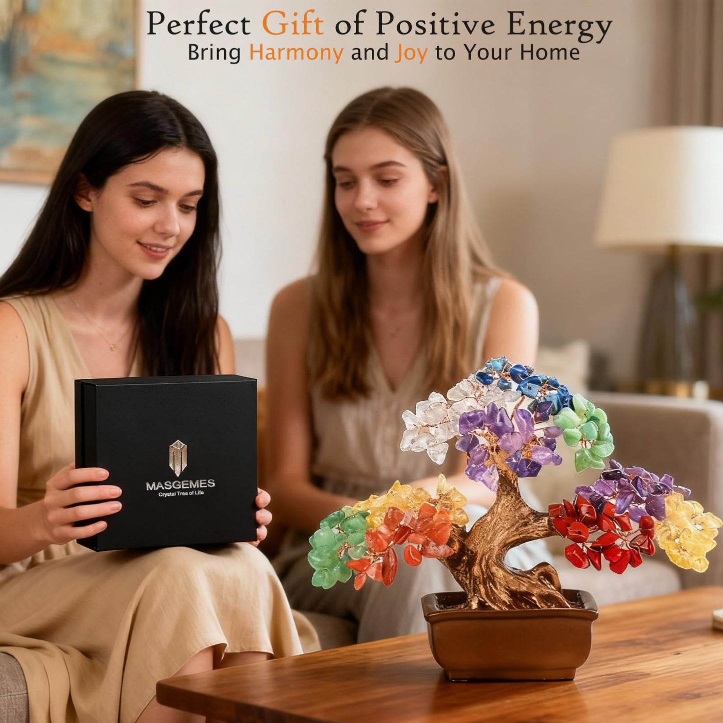 MASGEMES 7 Chakra Tree of Life Handmade Gemstone Bonsai Tree with 180 Large Beads- Healing Stones, Birthday Gifts for Women - Crystal Tree for Positive Energy, Home Office Decor