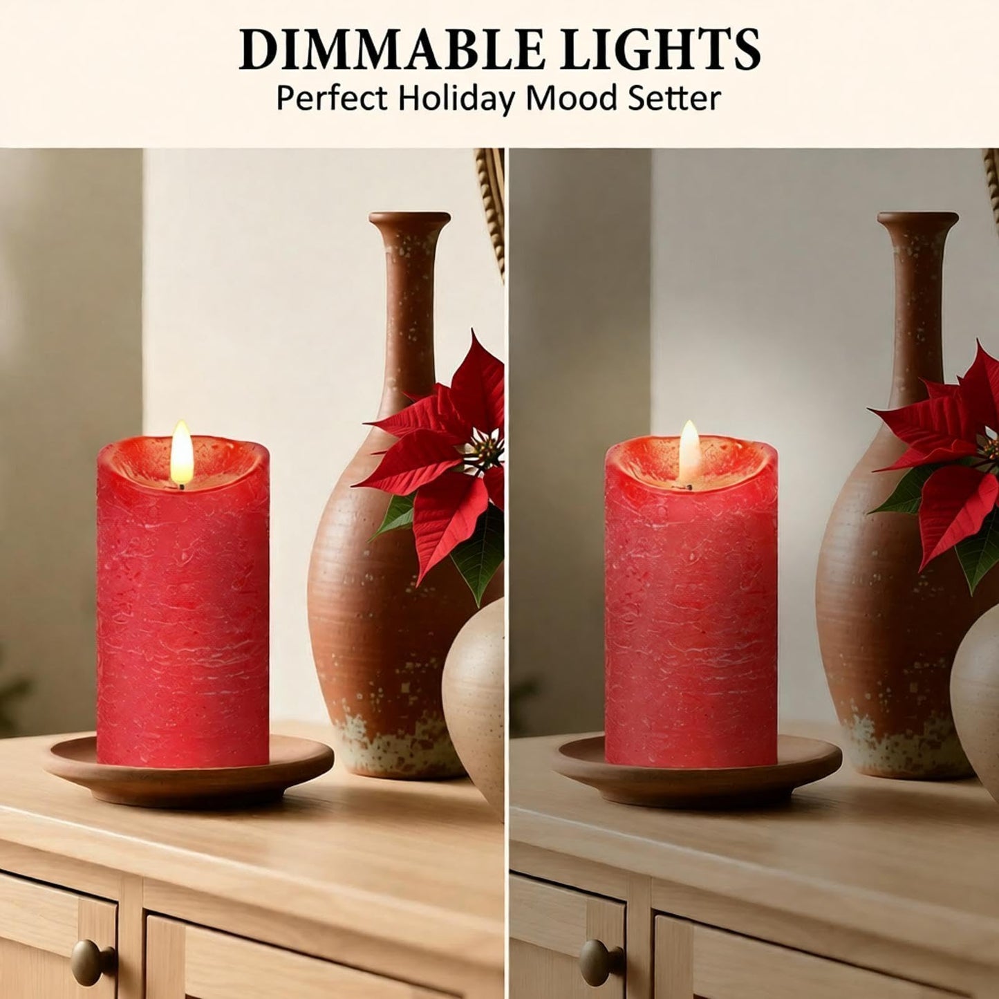 Flameless Candles, Battery Operated Led Lights Candle 3 Pack, Christmas Decorations Home Decor, Flickering Light White Pillar Candles with Real Wax Remote Control Timer. 3x3, 3x4, 3x5 inches, Red