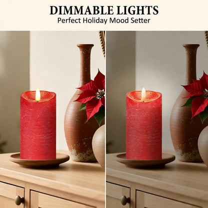 Flameless Candles, Battery Operated Led Lights Candle 3 Pack, Christmas Decorations Home Decor, Flickering Light White Pillar Candles with Real Wax Remote Control Timer. 3x3, 3x4, 3x5 inches, Red