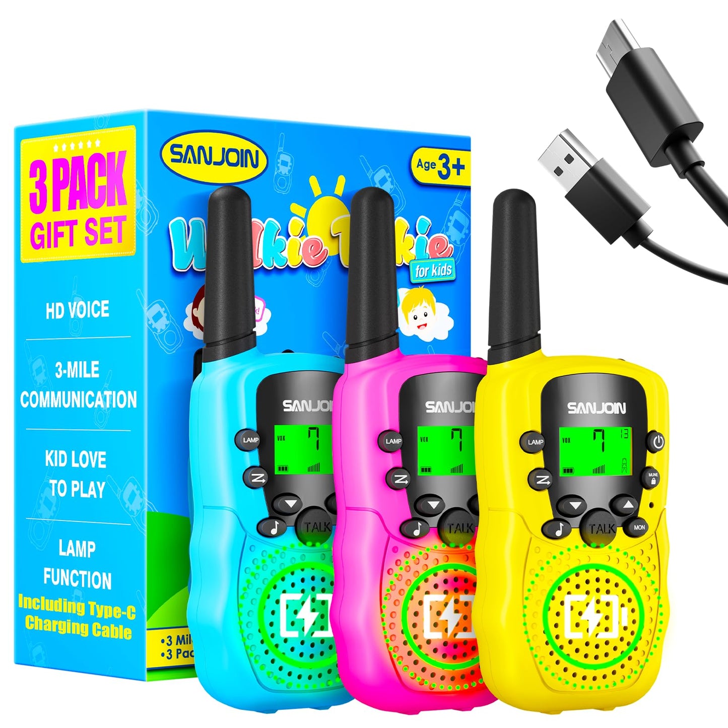 Walkie Talkies for Kids Toys for Boys Girls 4-6, 3 Miles Range Walkie Talkie to Camping, Outdoor 4 Year Old Girl Birthday Gifts for 3 4 5 6 7 Year Old Boy Girl Gifts Age 6-8 (Blue&Pink&Yellow)