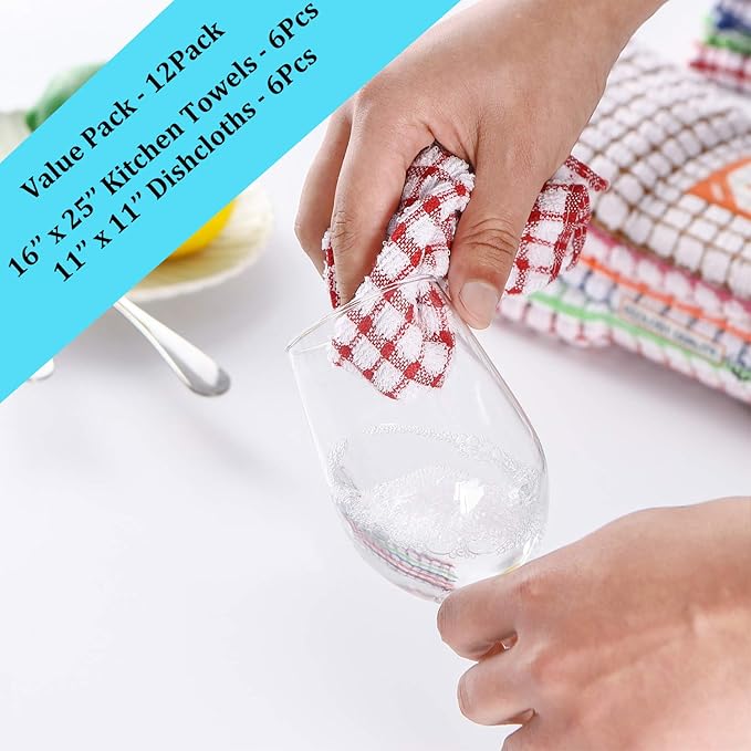 Kitchen Towels and Dishcloths Set, 16 x 25 12 12, Set of Bulk Cotton Dish