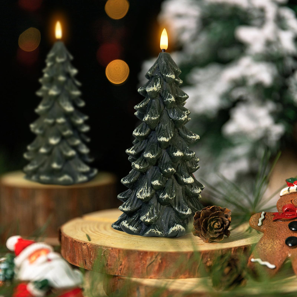 Yongmao Christmas Tree Shaped Flickering Flameless Candles, Green Real Wax Battery Operated LED Candles with Timer for Christmas Home Party Decoration Christmas Gift Set of 2