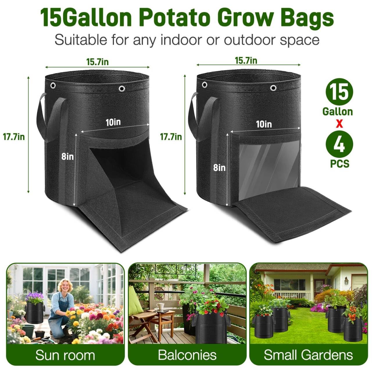 4 Pack Potato Grow Bags 15 Gallon with Harvest & Visible Window Thickened Garden Bags to Grow Vegetables with Handles & Metal Grommets for LST, Fabric Pots for Growing Carrots, Tomatoes, Onions