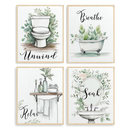 Dazzlewall 4pcs Relax Unwind Breath Soak Wall Decor, Minimalist Sage Green Leaves Bathroom Bathtub Washbasin Toilet Wall Art Poster, 8x10 in Unframed
