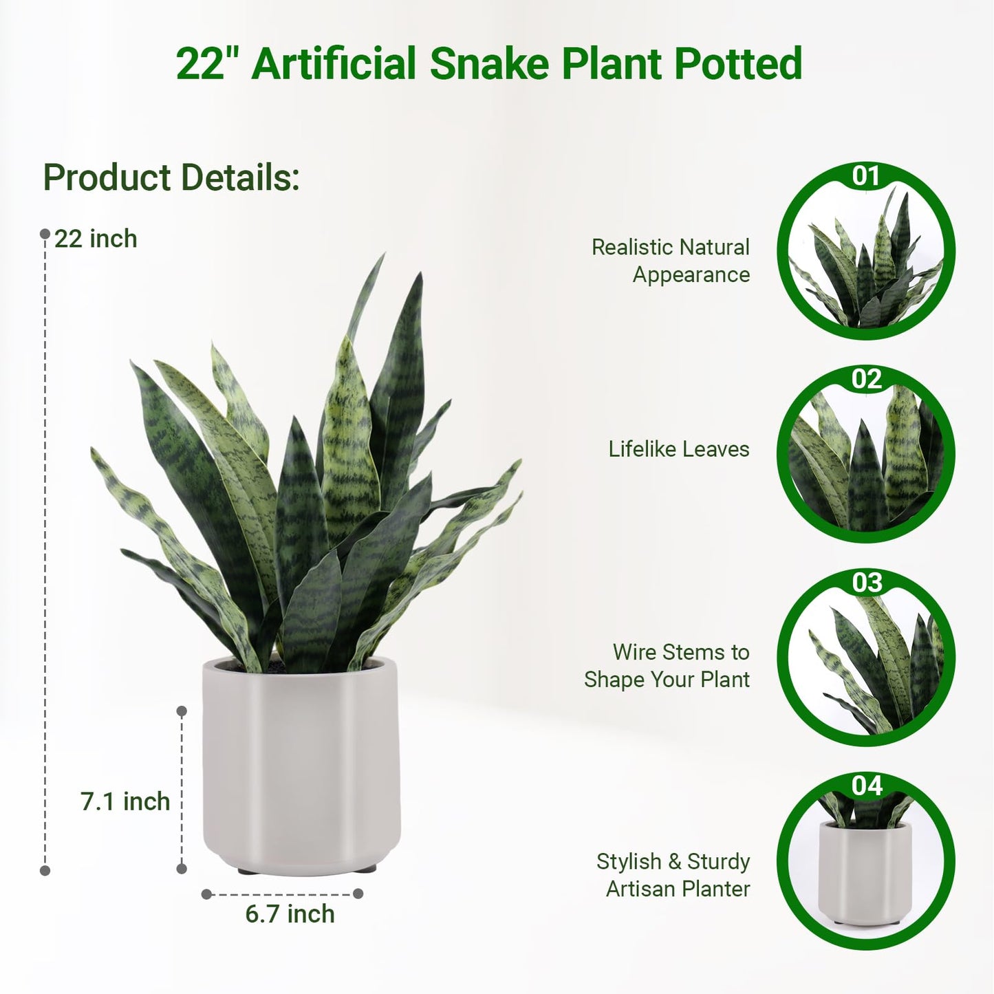 BTHM DSGN Artificial Sansevieria Plant Fake Snake Plant in Plastic Pot, 22" Tall Real Touch Fakes Plants for Home Decor Indoor, Lifelike Succulent Like Plant for Office Bedroom Living Room-Green