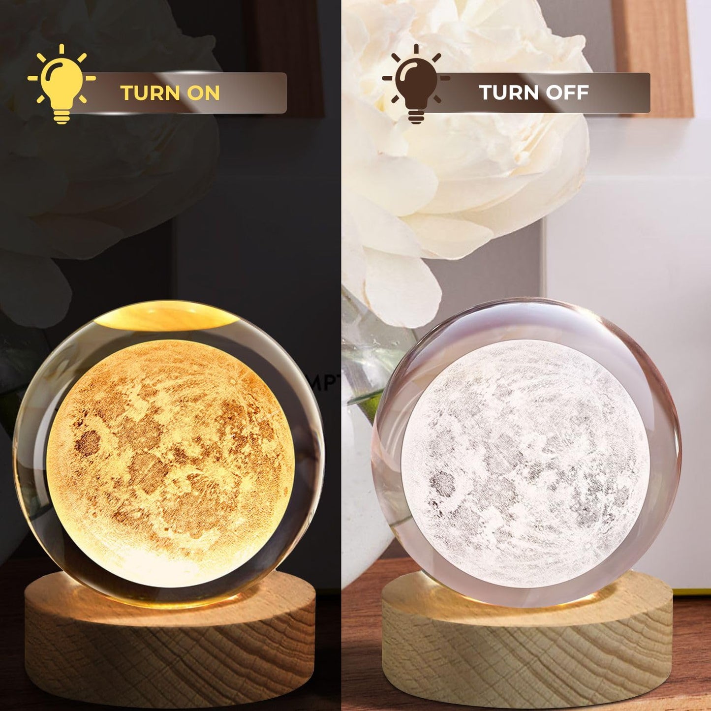 Flexzion 3D Moon Crystal Ball Night Light 80mm (3.15 Inch), LED Glass Sphere Lamp with Solid Wood Base, USB Powered Adjustable Brightness Desk Decor Gift
