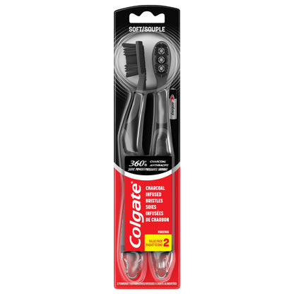 Colgate 360 Vibrate Charcoal Battery Operated Toothbrush Pack, Soft with 1 AAA Battery Included, Black, 2 Count