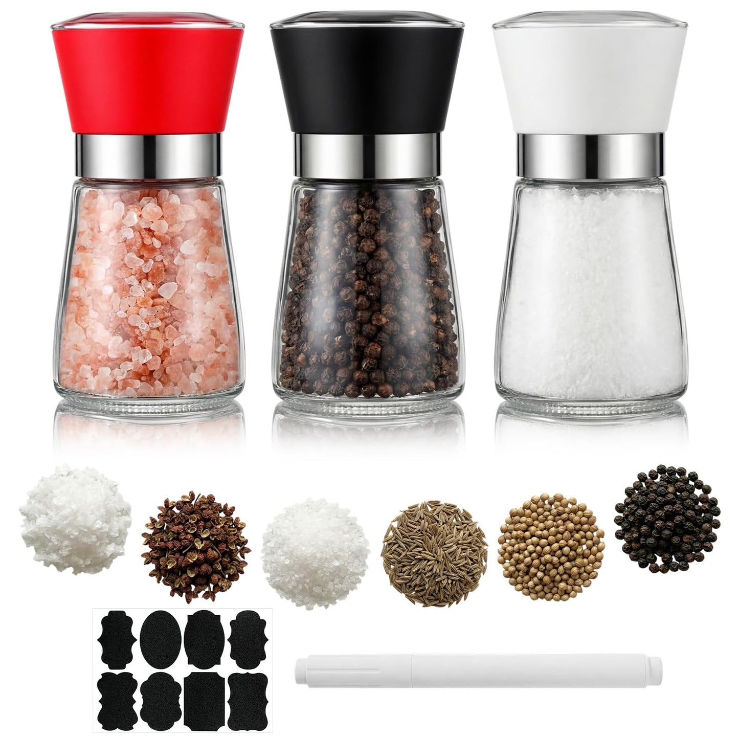 Mifoci 3 Pcs Manual Salt and Pepper Grinder Set, Refillable Salt and Pepper Shakers, Adjustable Coarseness Bpa-free Glass Container with 8 Sticker 1 Markers, Short Black White Red