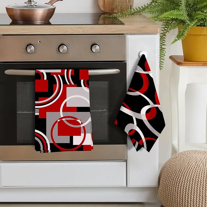 Red Black Grey White Kitchen Dish Towels Set of 4, Soft Absorbent Modern