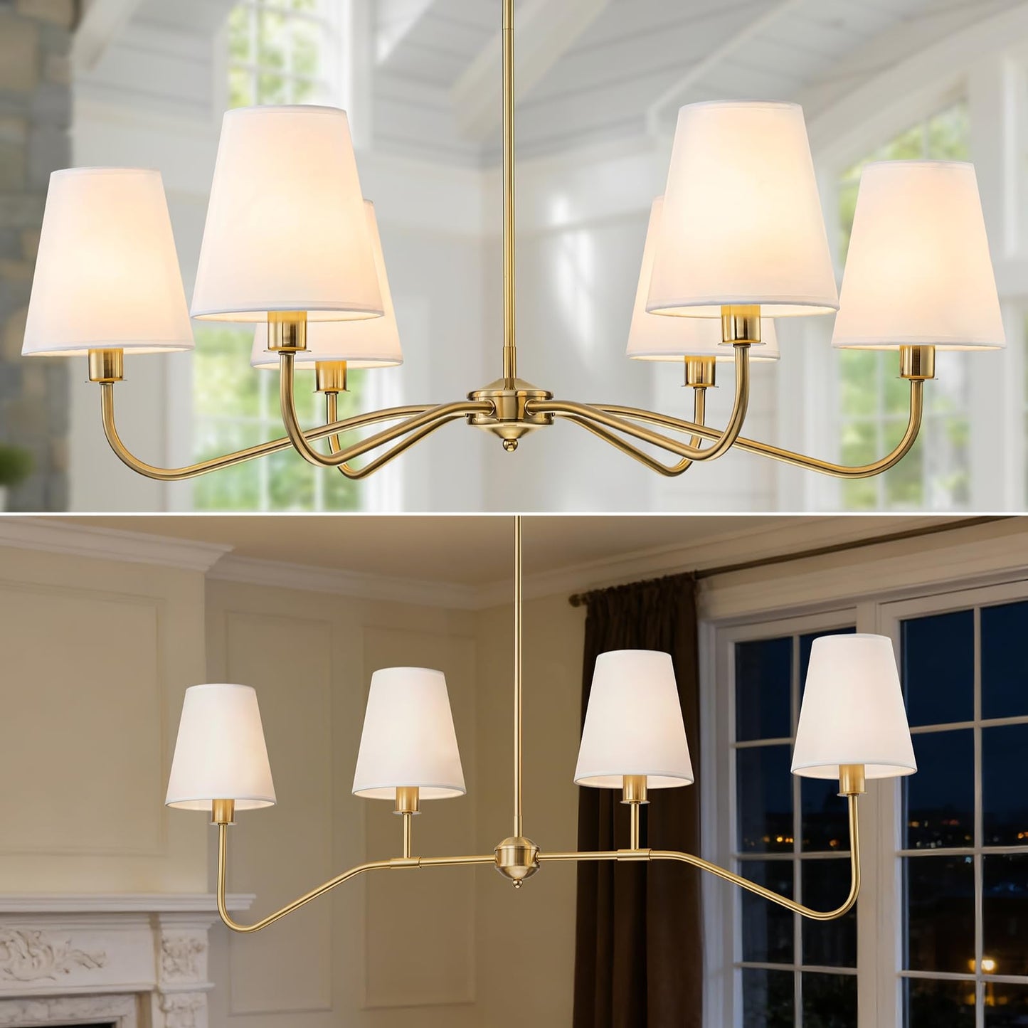 2-Pack Brass Gold Chandeliers Set, 6-Light Modern Fabric Shade Chandelier and 4-Light Linear Kitchen Island Lighting, Antique Classic Hanging Light Fixtures for Dining Room, Living Room Kitchen