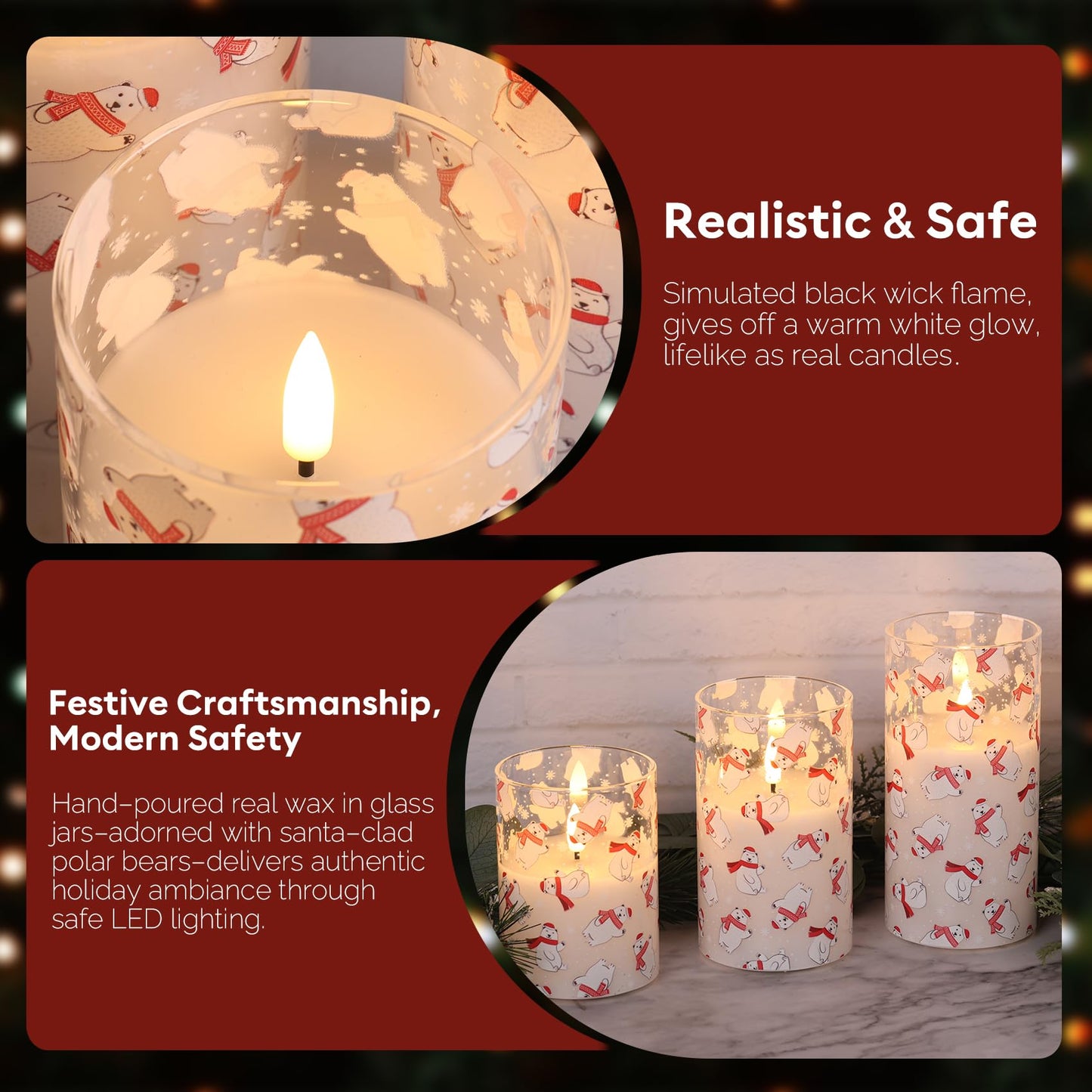 Eywamage Christmas Glass Flameless Pillar Candles with Remote, Flickering LED Battery Candles Bear Holiday Winter Table Decor Gift Set of 3