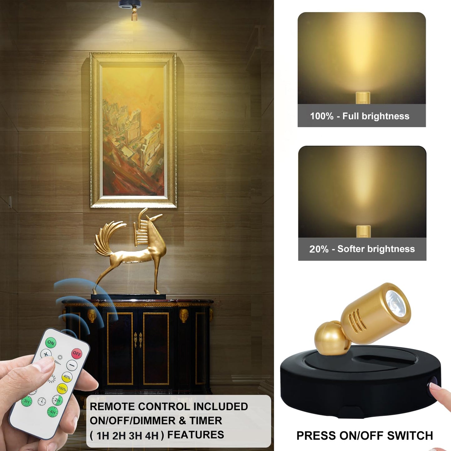 HAMVIDNE LED Spotlight, Battery Powered Spot Lights with Remote, Tree Up Lights Indoor, Dimmable Plants Spotlights, Picture Light for Wall Art Display Dartboard Painting Artwork Accent-2Pack