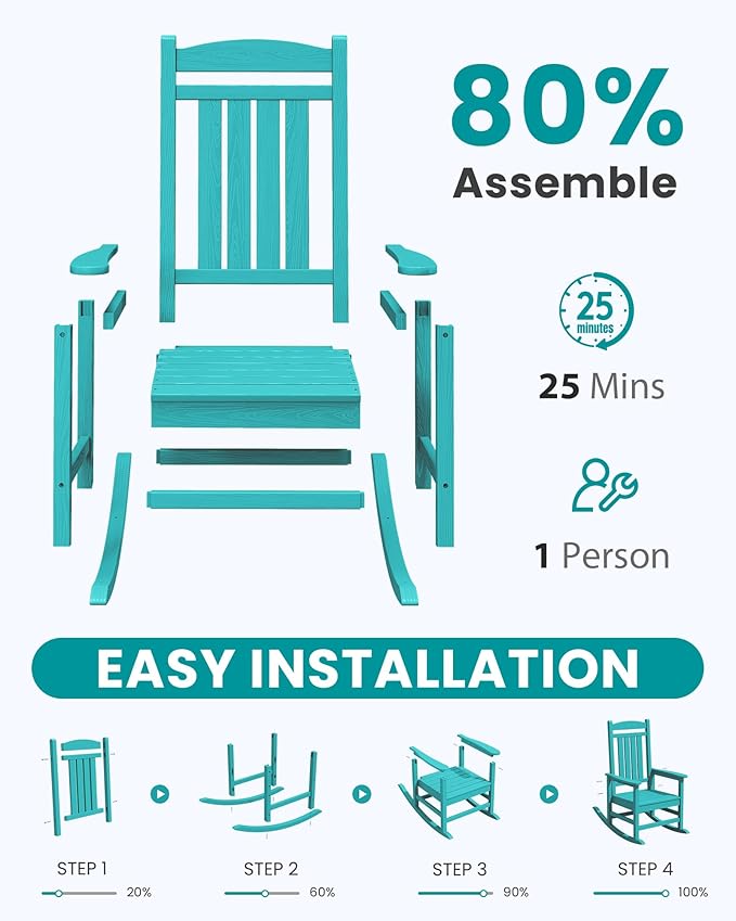 SERWALL HDPE Outdoor Rocking Chair Set of 4, Patio Rocking Chairs, All-Weather Porch Rockers for Adults, Aruba Blue