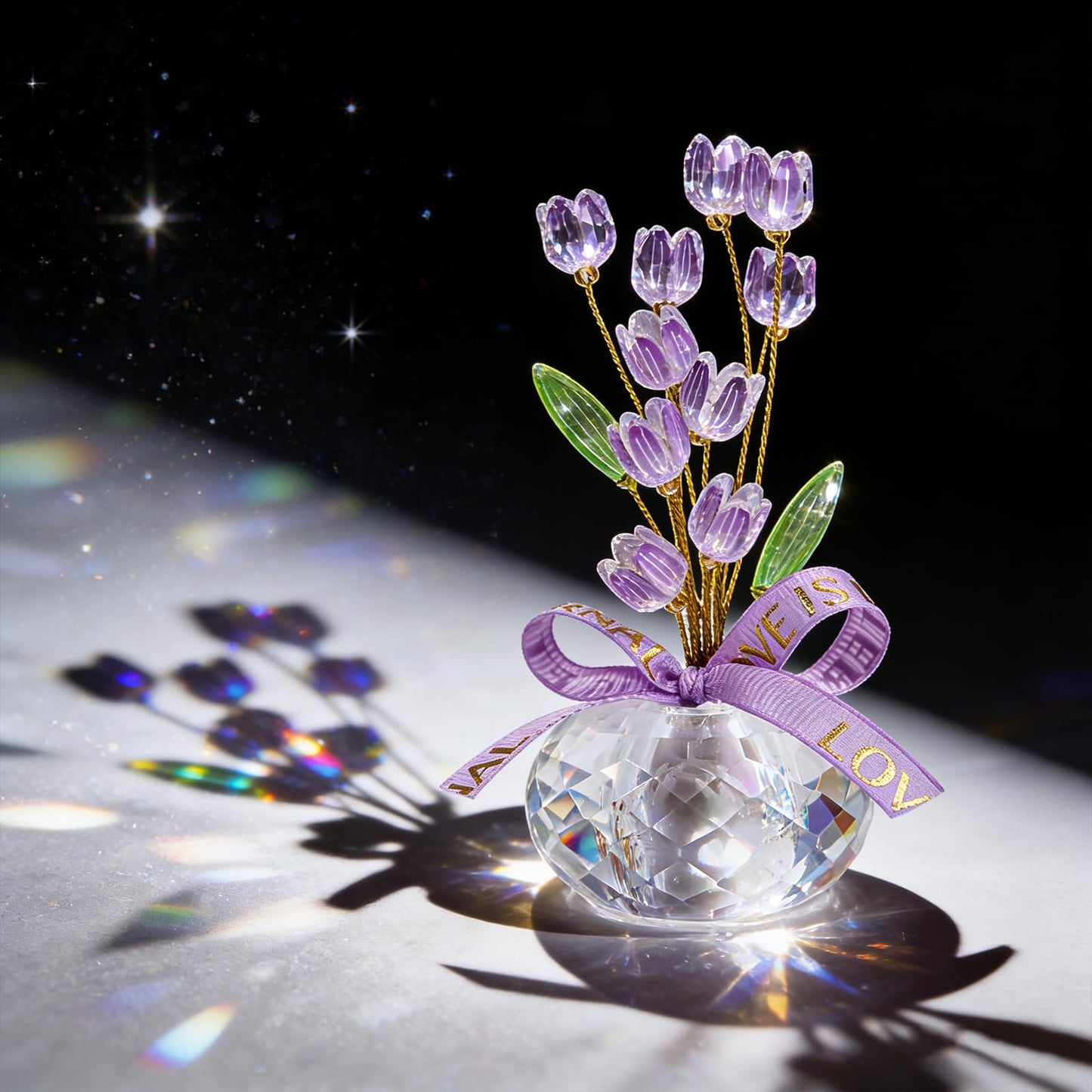 Crystal Flower Figurine - Handmade Mini Flower Decor with Crystal Base, Plastic Artificial Petals and Adjustable Wire, Cute Floral Ornament for Home/Office/Car, Ideal Gift for Women(Purple Tulips)