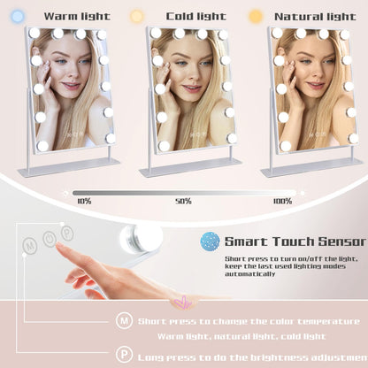 COOLJEEN Makeup Mirror Vanity Mirror with Lights - 12 Led Bulbs Lighted Hollywood Mirror, 10X Magnification,3 Color Modes, Touch Control, Women Gift (White)