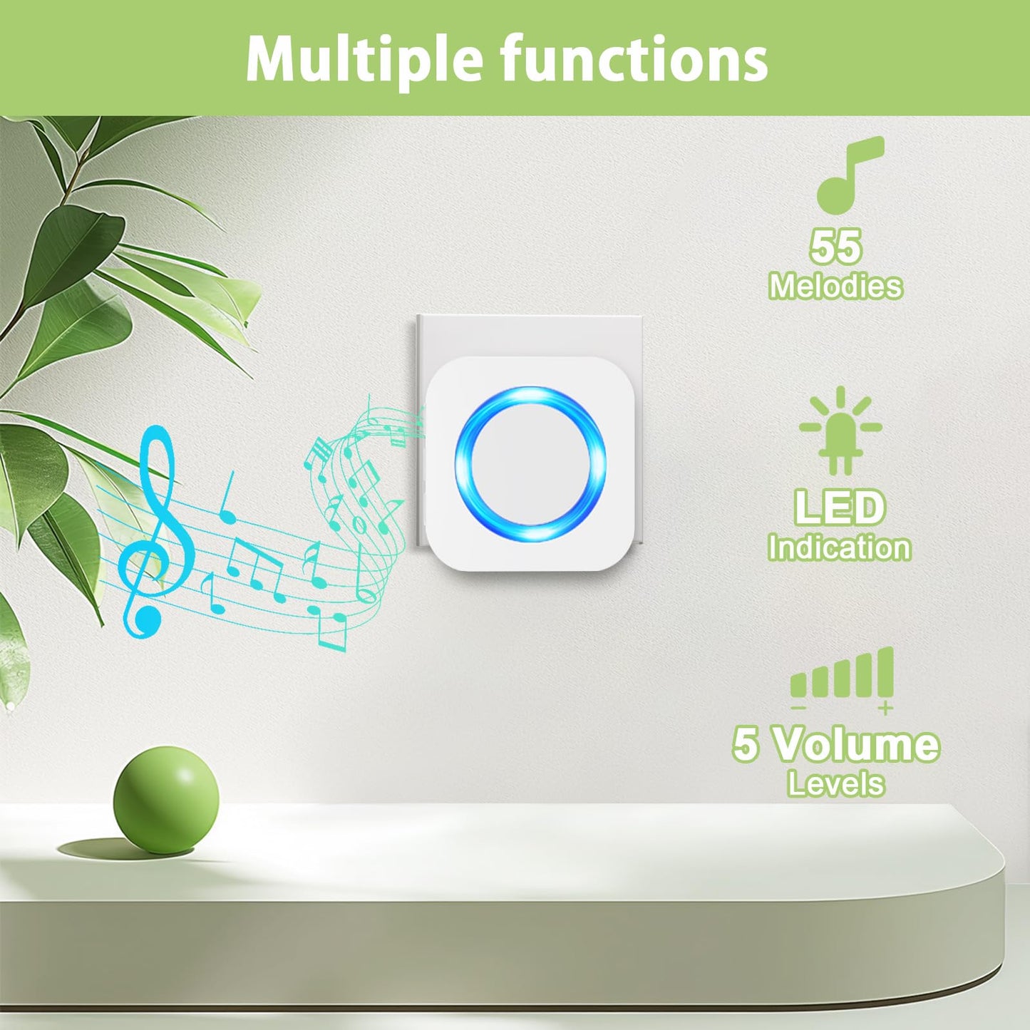 Doorbell Waterproof Wireless Doorbell Easy Install at 1,300ft Long Range Loud Enough with 55 Chimes 5 Volume Levels LED Flash Door Bell for Home Classroom Apartment,2 Push Buttons 3 Receivers,White
