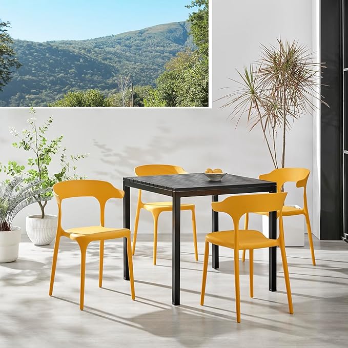 Modern Stackable Dining Chair Set, No Assembly, Plastic Chair, Patio Chair, Suitable for Indoor and Outdoor Cafes and Restaurants, Set of 4 (Mustard Yellow)
