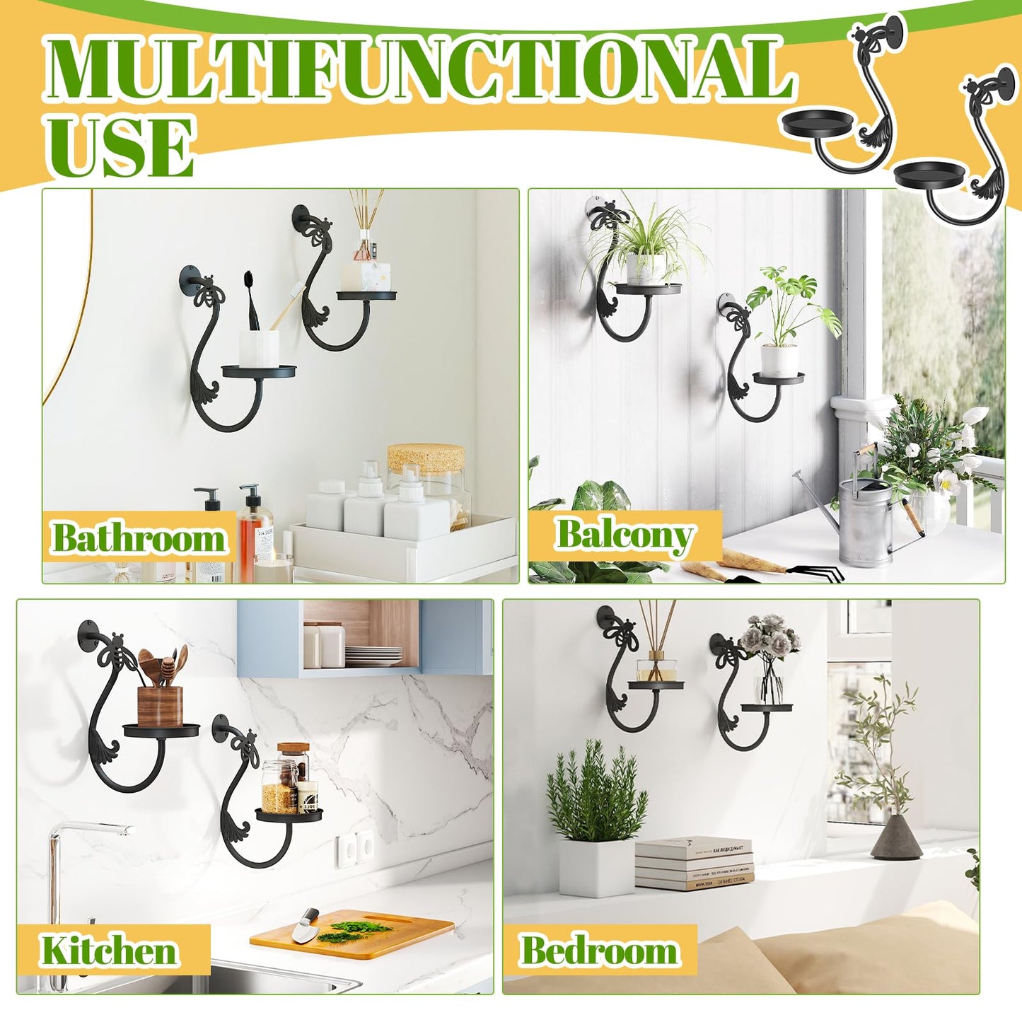 KHayRovies Wall Plant Holder Indoor, Metal Hanging Planters Hanger Floating Flower Display Stand for Window, Plant Shelves Hanging Plant Holder Window Plant Hanger Plant Decor Black (Bees-2pc)
