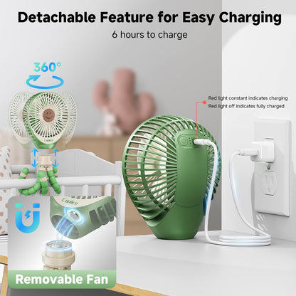 Stroller Fan Clip on for Baby, 30Hrs Removable Fan for Strollers and Car Seat, 3 Speeds Baby Stroller Fans, Rechargeable Portable Fans for Strollers with Flexible Tripod for Beach, Hiking and Camping