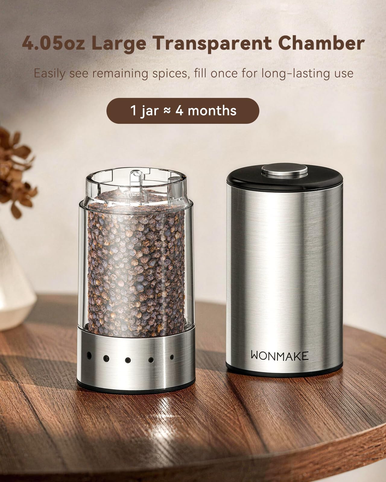 Electric Salt and Pepper Grinder Set, Stainless Steel Salt and Pepper Shakers with Storage Base, Type-C Rechargeable with Power Display, 5 External Coarseness Levels for Easy One-Hand Operation
