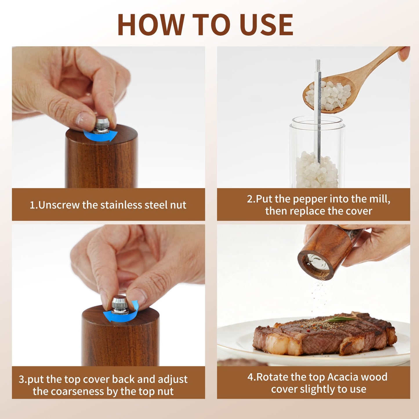 Acacia Wood Premium Acrylic Salt and Pepper Grinder Set, 2 Pack 8 Inches Refillable Salt and Pepper Mill Set, Manual Mills- Crafted of Solid Wooden Shakers with Adjustable Ceramic Core
