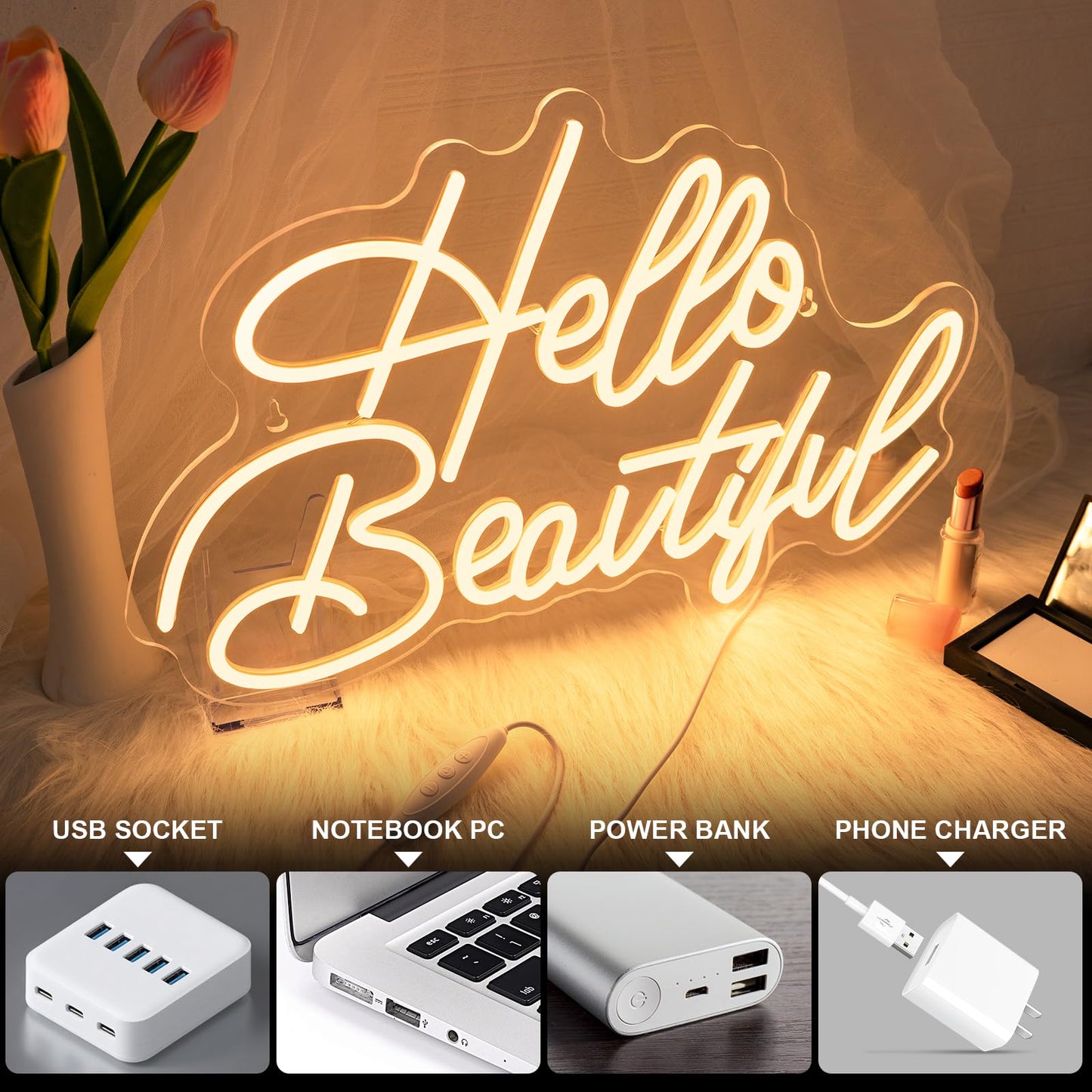 LooKLight Hello Beautiul Neon Sign,Warm White Neon Light Sign,Letters Wedding Neon Signs for Wall Decor,USB Powered Led Light Up Signs For Wedding Party Bedroom Birthday Beauty Salon