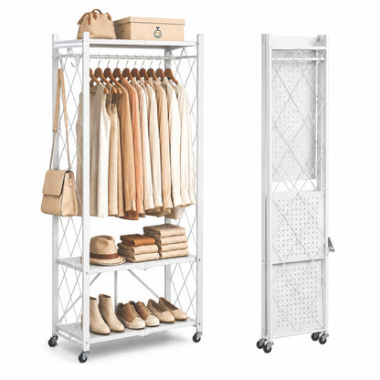 Sharkwave Living Foldable Clothing Rack with Wheels, Portable Folding Clothes Rack Organizer with Shelves and Side Hooks, Collapsible Wardrobe Closet for Bedroom or Laundry Room，White