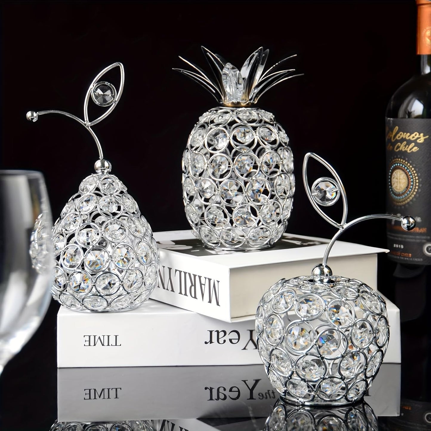 kehail Set of 3 Crystal Metal Pineapple Pear Table Centerpiece Handmade Crystal Candlestick Hollow Fruit Ornament Home Party Wedding Holiday Bar Decoration (Silver, Set of 3)