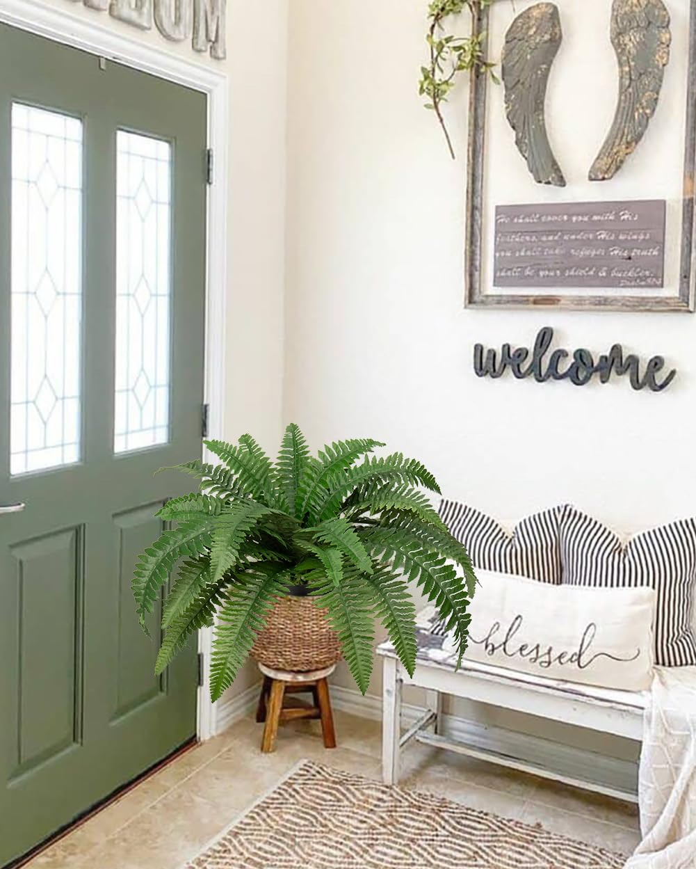 Fake Fern Potted Plant Artificial Boston Ferns in Pot 35 Leaves for Outdoors & Indoor Faux Fern Bush Plant 20inch for Patio Garden Farmhouse Windowsill Office Living Room Decoration Home Decor