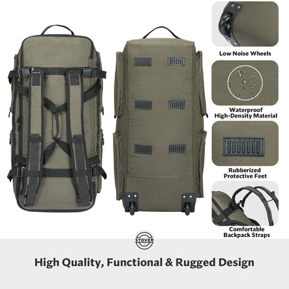 STOVER 45/80/100L U-Zip Rolling Duffel Bag with Wheels, X-Large Durable Travel Duffle + Toiletry Bag, Lay-Flat Opening, Packable w/Shoulder Straps- Use as Luggage or Backpack, Men/Women (Green)