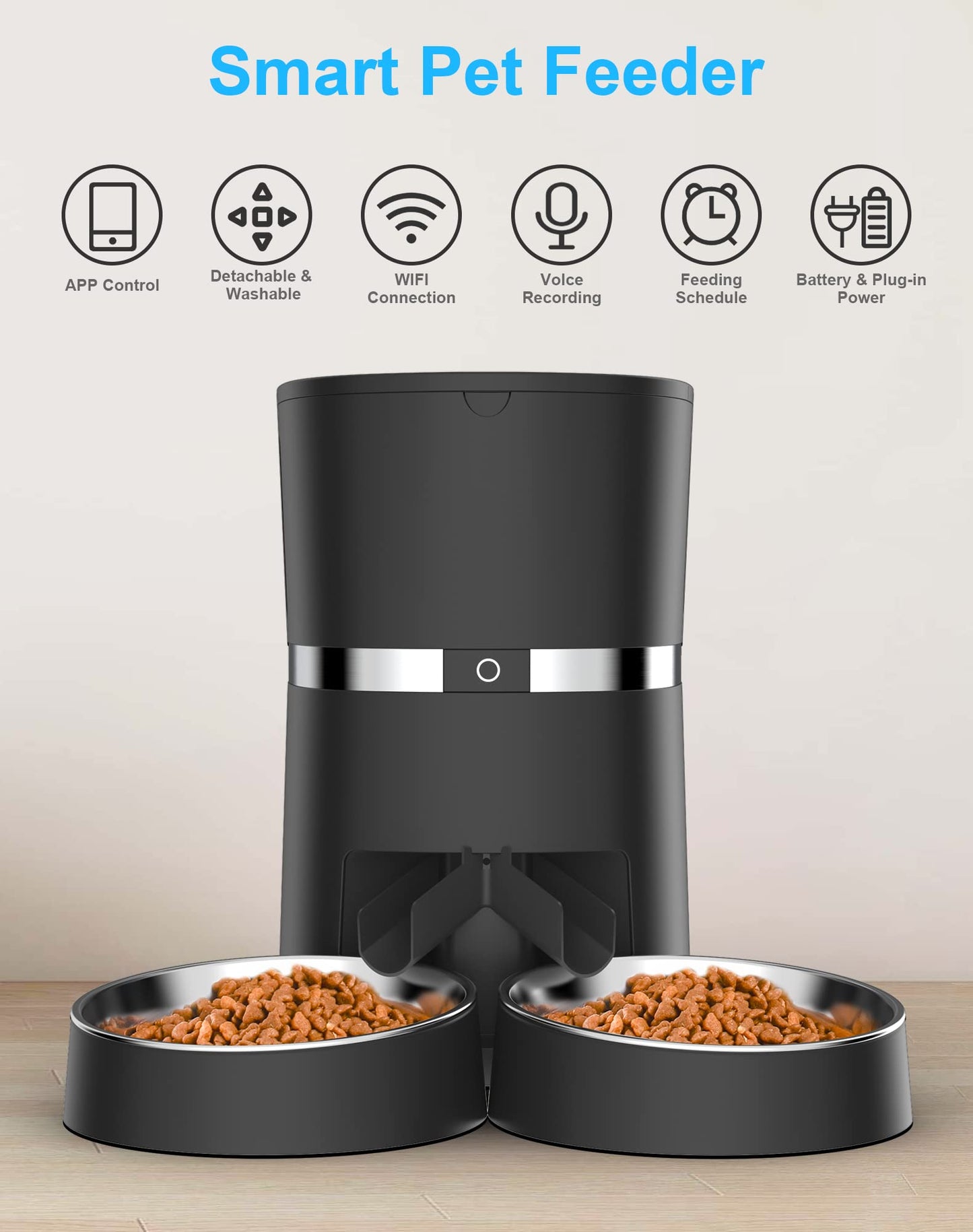 Smart Cat Feeder, WellToBe Automatic Cat Feeder WiFi Enable Pet Dog Food Dispenser App Control for Cat&Dog with Two-Way Splitter and Two Bowls, Voice Recorder Distribution Alarms, Portion Control