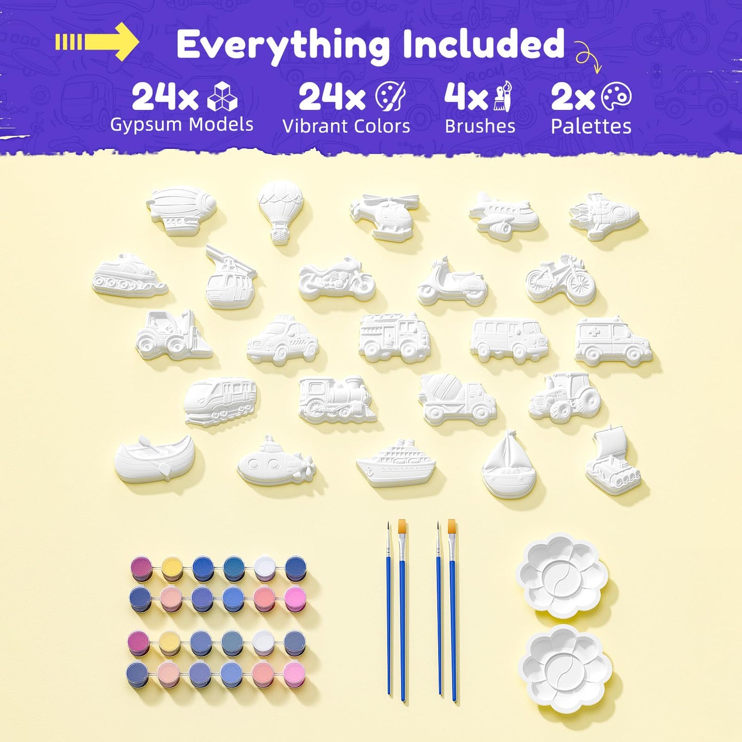 GloomGlo 24 Pcs Transportation Theme DIY Ceramic Painting Kit,Unpainted Plaster Vehicles Arts and Crafts with Complete Paint Set, Brushes & Palettes for Kids and Adults, Children Birthday Gifts