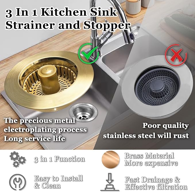 Kitchen Sink Drain Strainer, 3 in 1 Pop up Kitchen Sink Stopper,