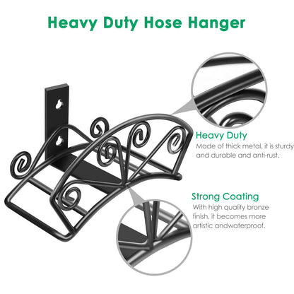 TomCare Garden Hose Holder Heavy Duty Water Hose Holder Solid Metal Hose Hanger Wall Mount Decorative Durable Garden Hose Storage Hose Reel Hose Organizer for Outside Yard, Black