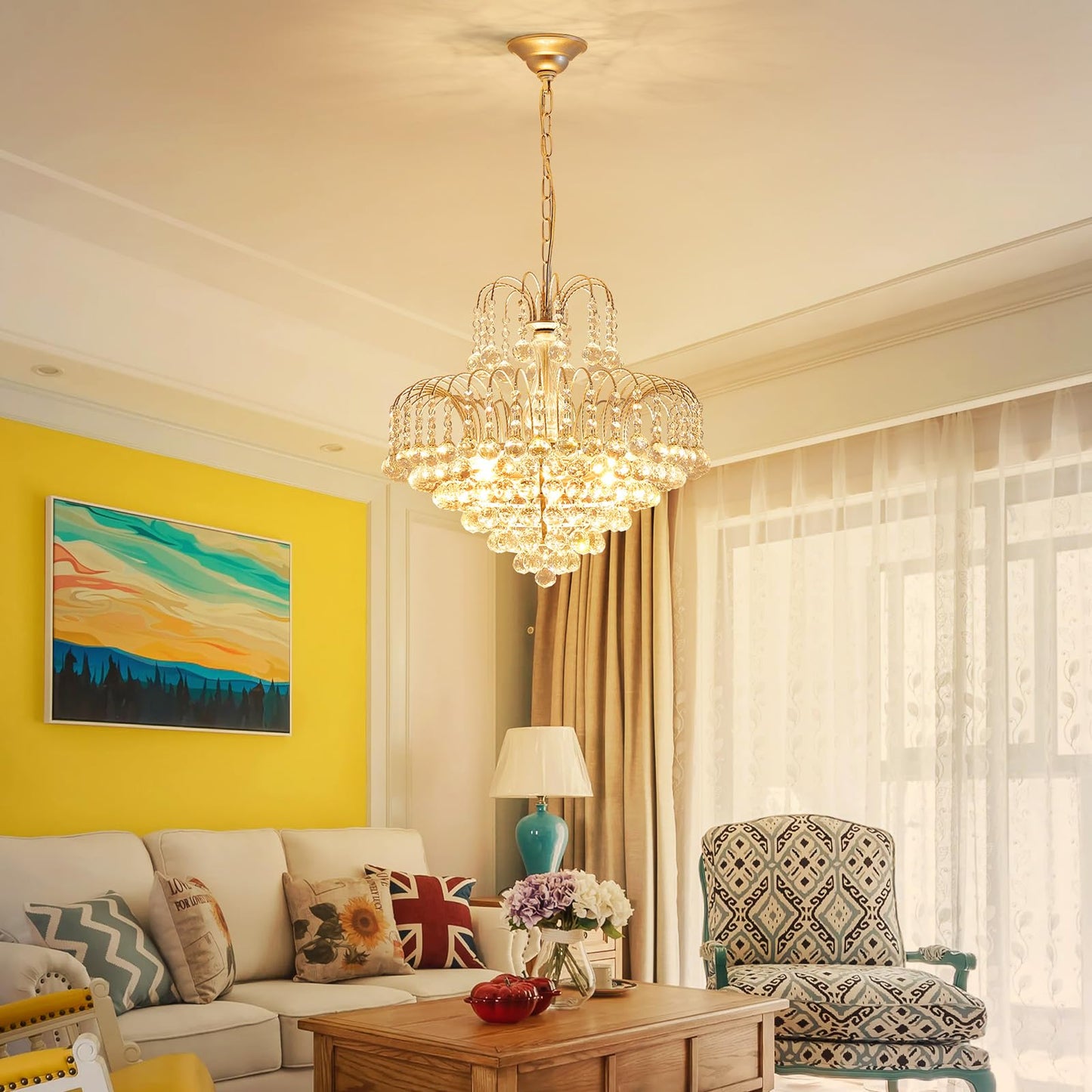 WUZUPS Crystal Chandelier Pendant Flushmount Ceiling Light Modern Lighting Fixture for Bedroom Hallway Bar Kitchen Bathroom, H 17.3" x W 18.9", Silver, E12 Base