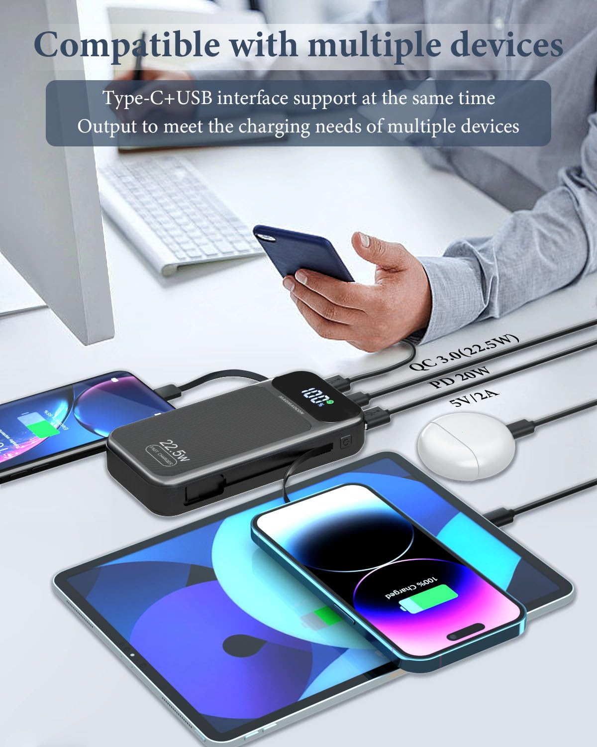 Power Bank 25800mAh Fast Charging Built-in 2 cables, 22.5W Portable Charger, Portable USB C Power bank Battery Pack with LCD Display Powerbank for Smartphones Tablets and More