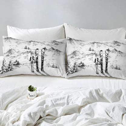 Erosebridal Ski Comforter Set Full, Winter Sports Games Duvet Sets for Kids Teens Adult Bedroom, Winter Skiing Bedding Set Mountain Sketch Illustration Quilted Duvet 3 Piece with 2 Pillow Cases
